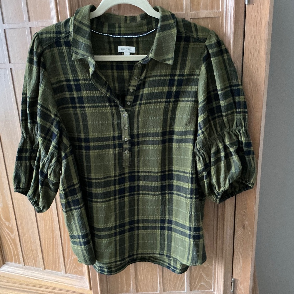Pilcro Green and Black Checkered Blouse
